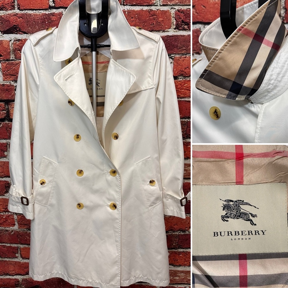 BURBERRY TRENCH COAT SIZE 8 ANNIKA WHITE DOUBLE BREASTED USA MID LENGTH NO BELT